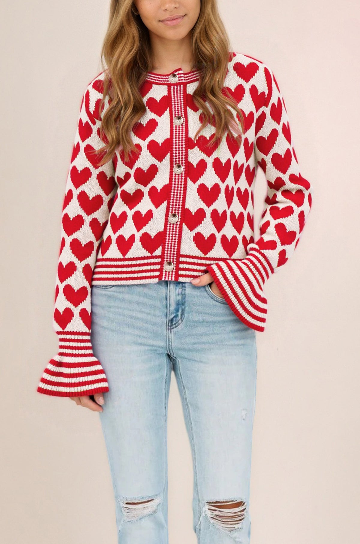 Women's Heart Print Bell Sleeve Knit Cardigan Sweater