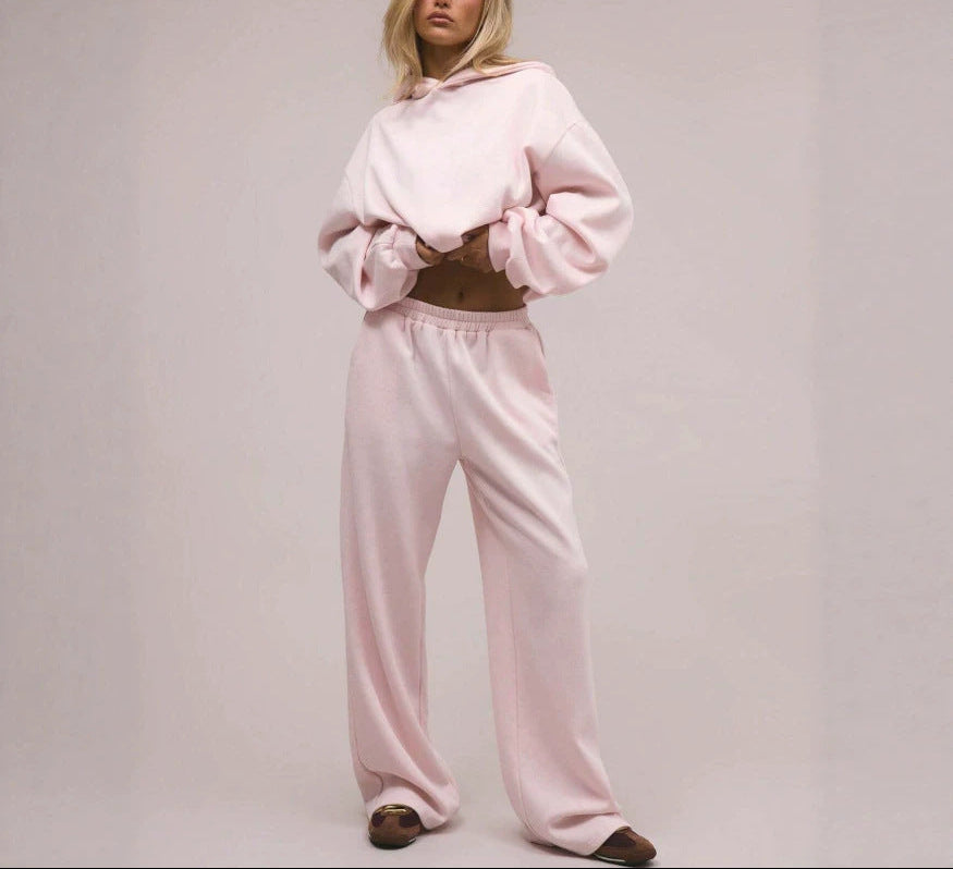 Pink Hooded Sweatshirt Wide Leg Pants Set