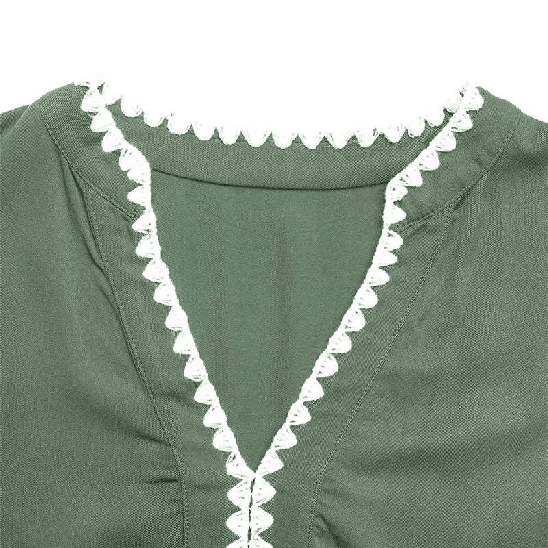 Green Flowy Ruffle Hem V Neck Casual Short Dress