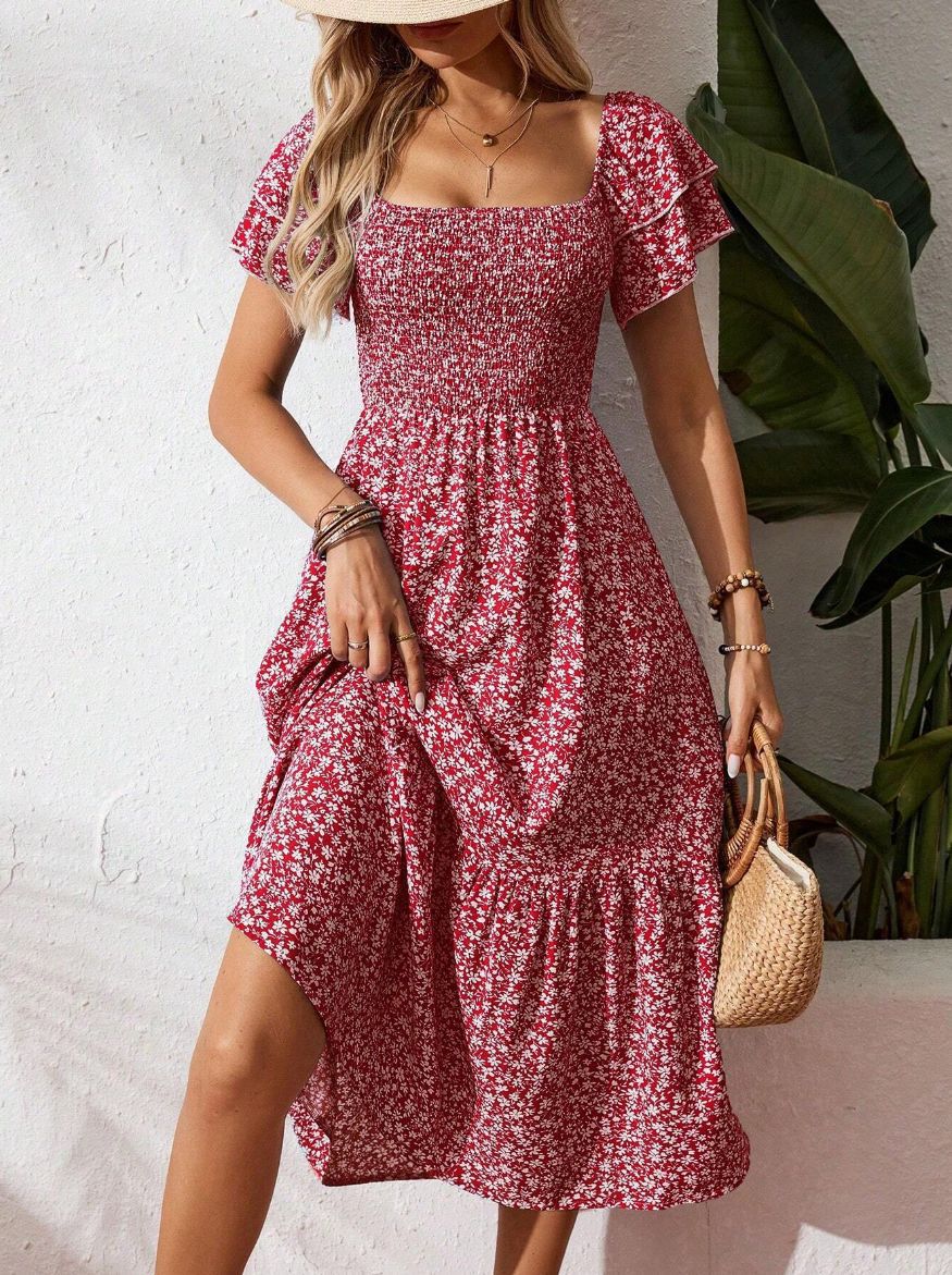 2026 Summer Square Neck Floral Dress for Women, Smocked