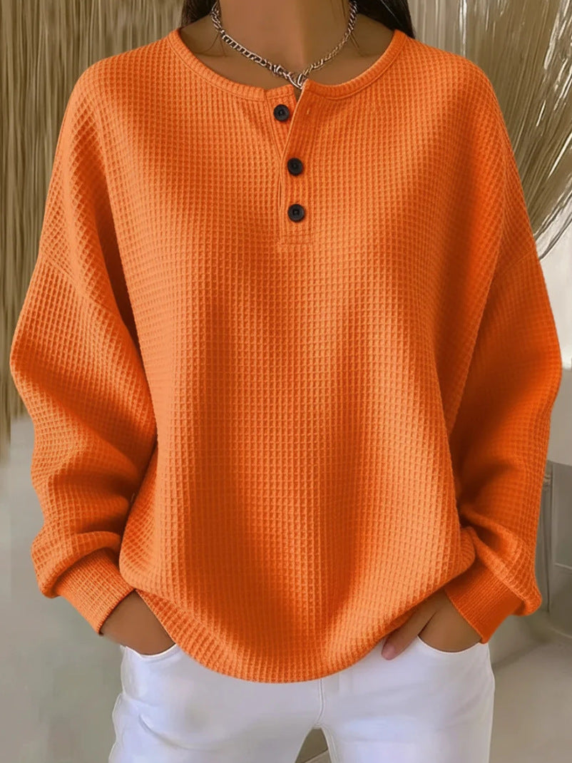 Waffle Knit Henley Top, Oversized Long Sleeve Pullover