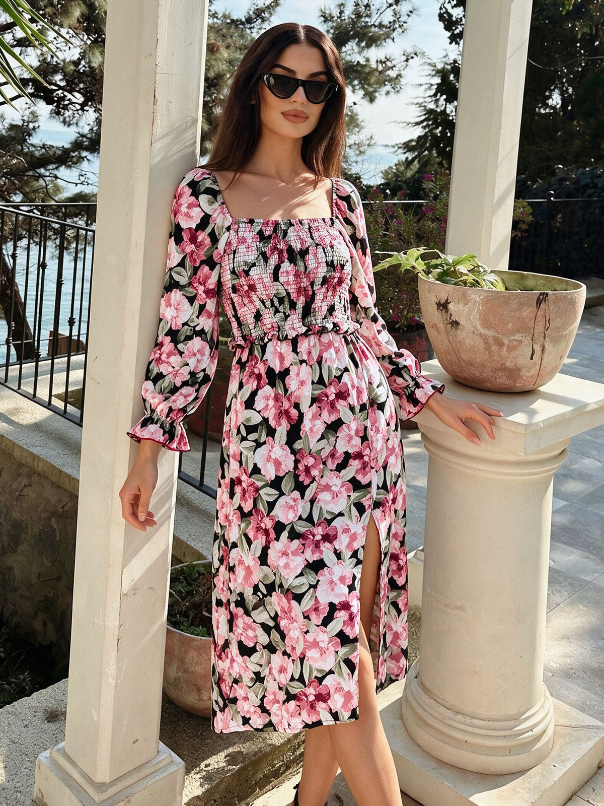 Floral Square Neck Midi Dress Smocked Long Sleeve