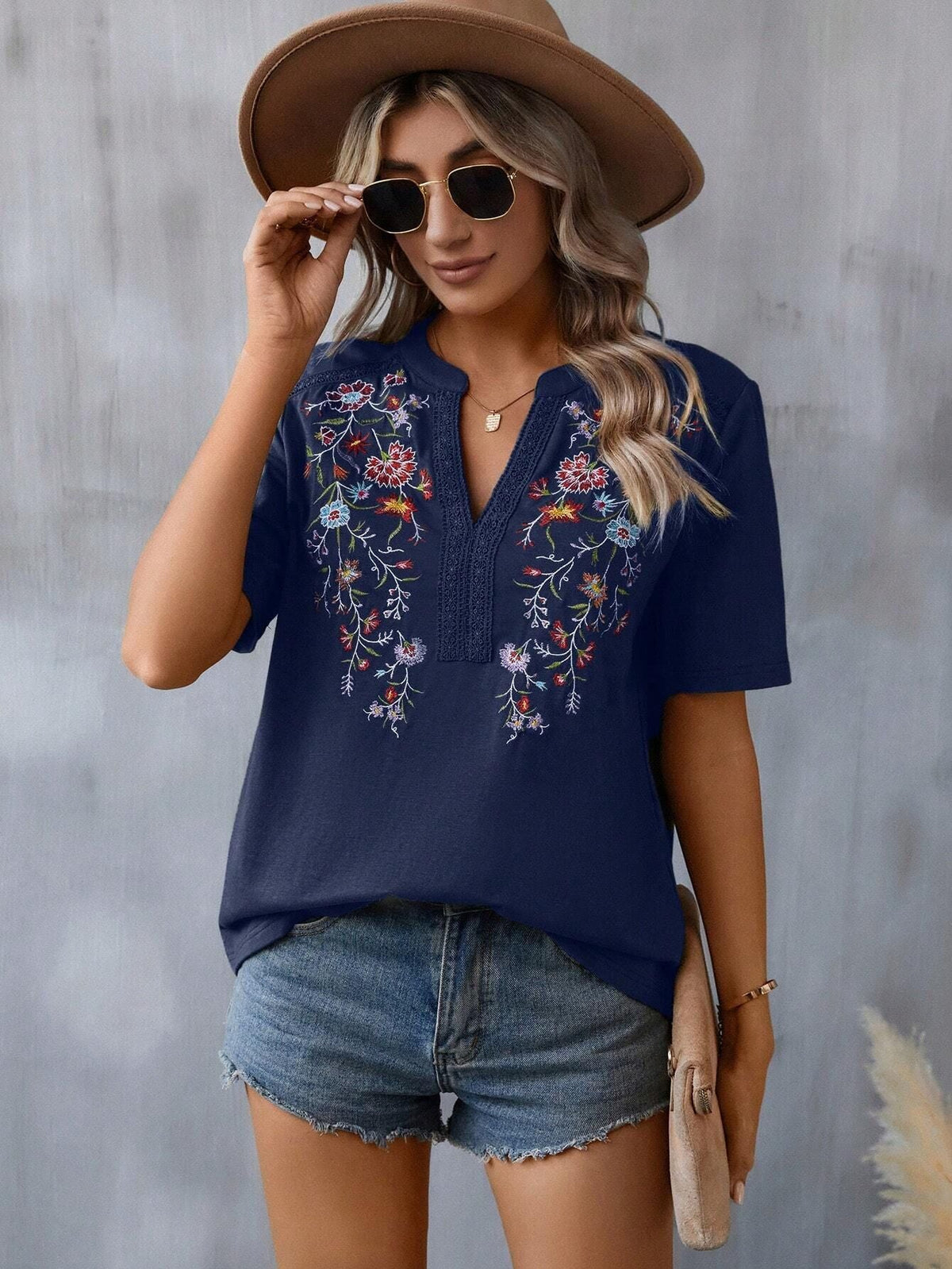 Floral Embroidery V Neck Short Sleeve Casual Top