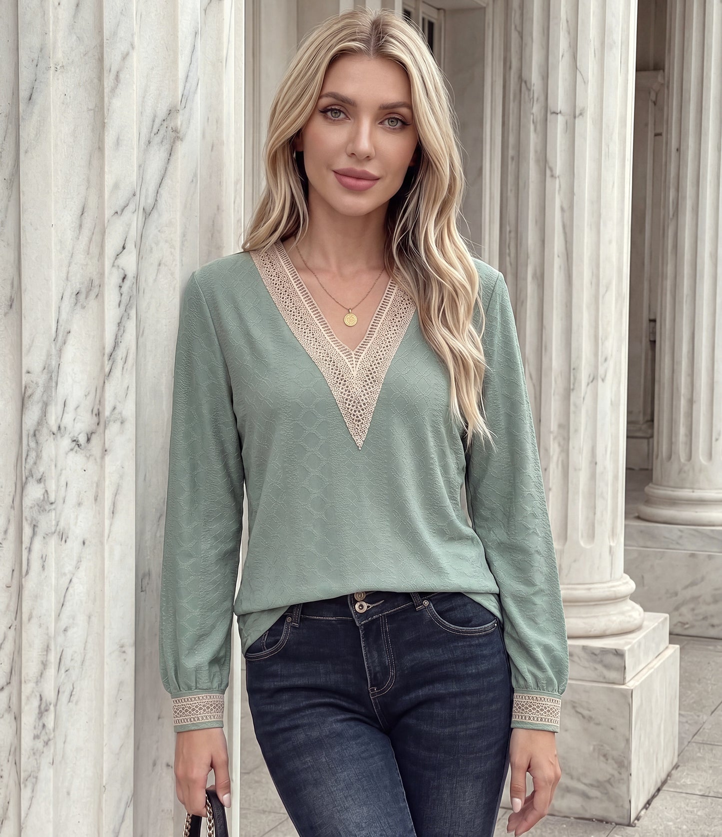 Women's Lace Trim V Neck Long Sleeve Loose Casual Top