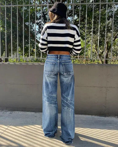 Washed Denim Jeans Vintage High Waist Wide Leg