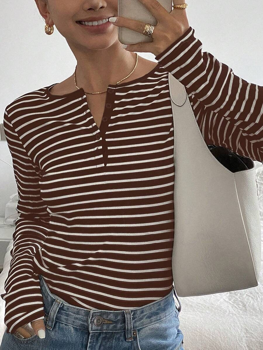 Striped Long Sleeve Top Henley Neck Casual Relaxed Fit Tee