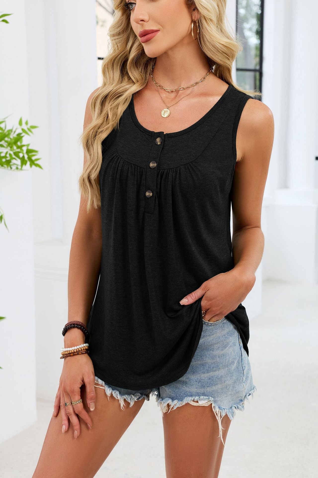 Women's Sleeveless Henley Tank Button Front Casual Top