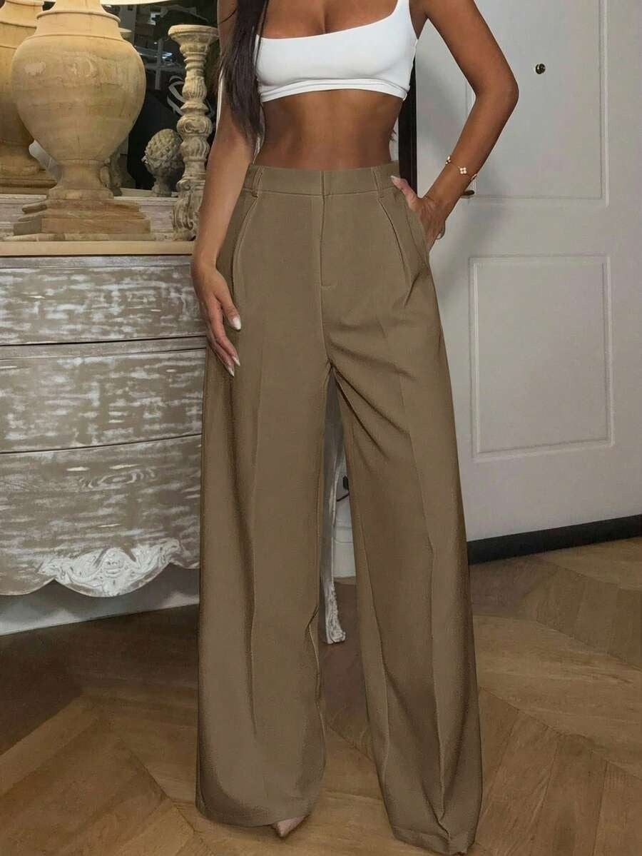 Solid High Waisted Wide Leg Dress Pants Business Work Trousers