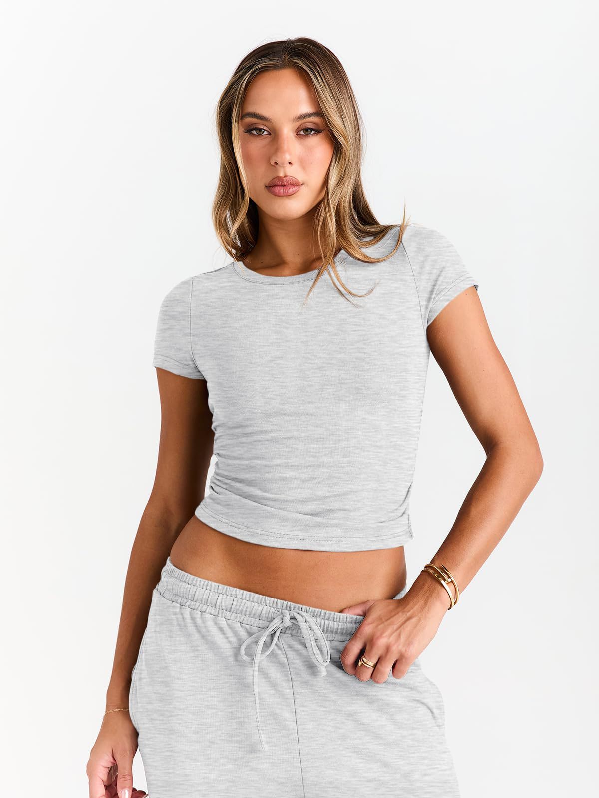 Women Y2K Two Piece Set Short Sleeve Crop Top Wide Leg Pants