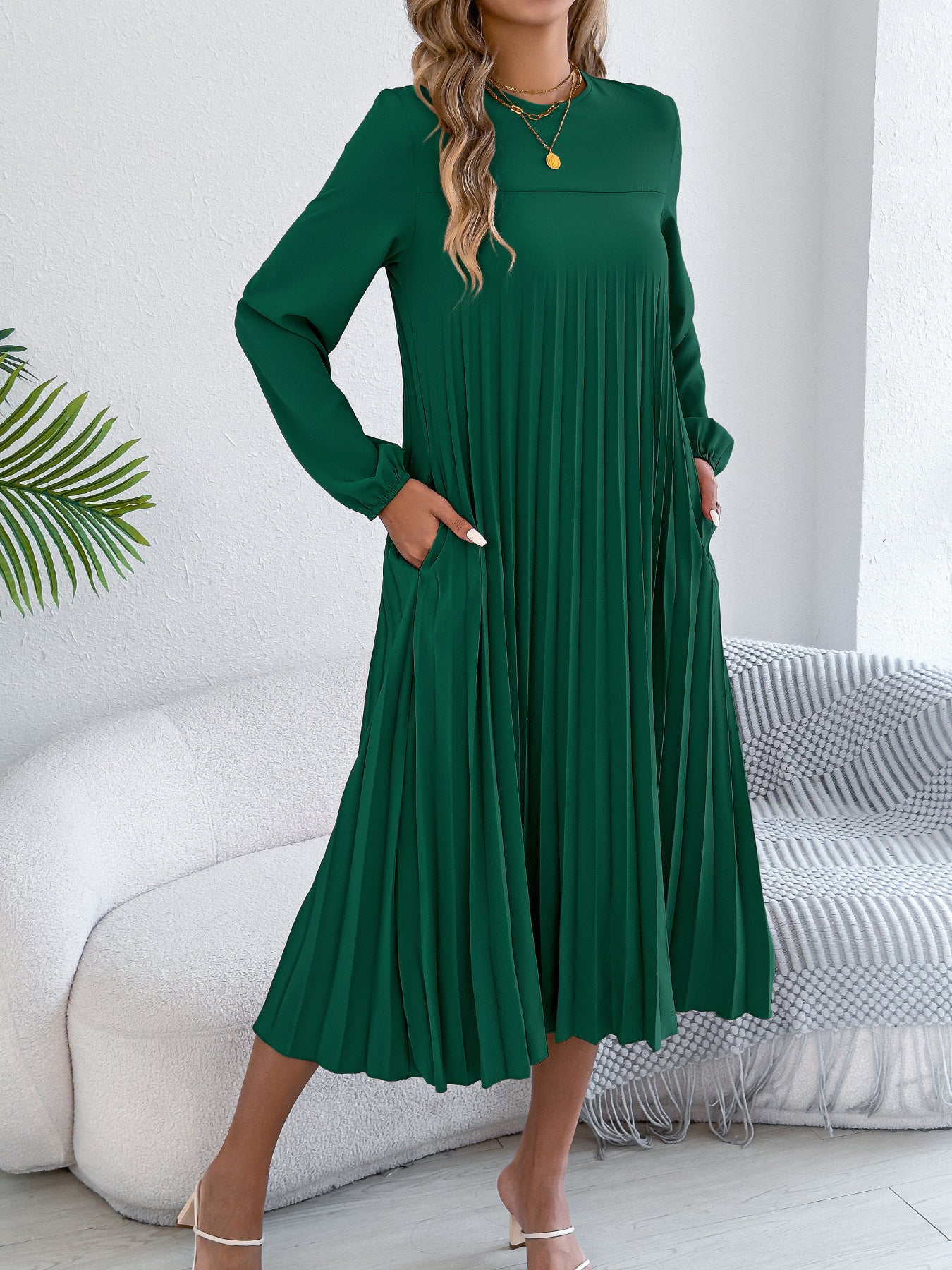 Women V Neck Long Sleeve Slit Waist Midi Dress