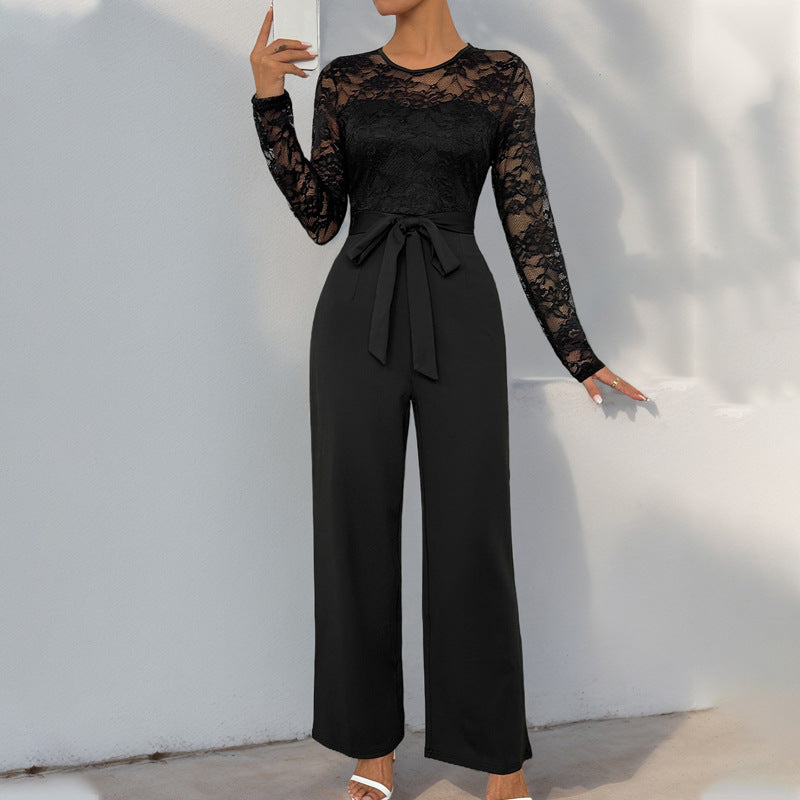 Elegant Lace Patchwork Jumpsuit with Belt Long Sleeve
