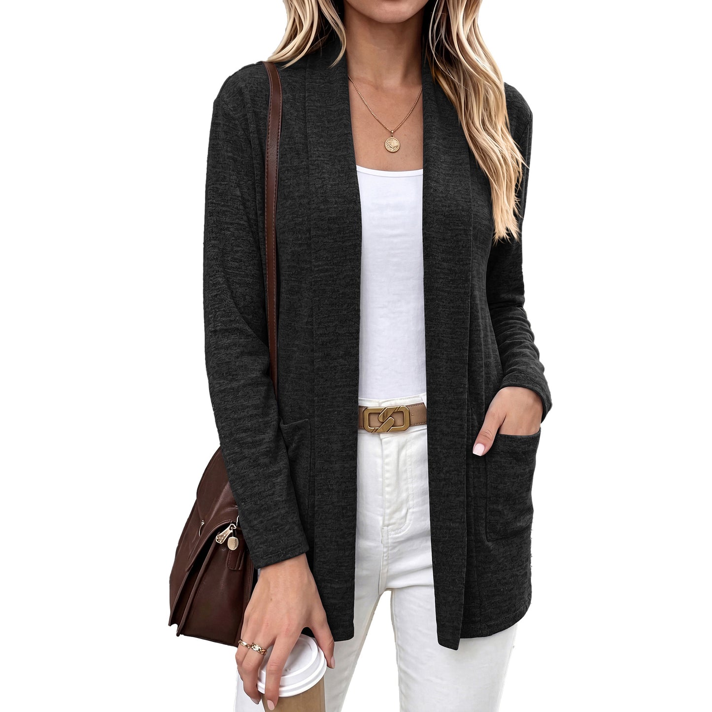 Open Front Pocket Long Sleeve Cardigan