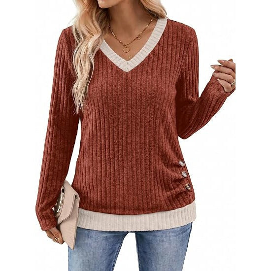 Color Block V Neck Long Sleeve Side Button Tunic Top