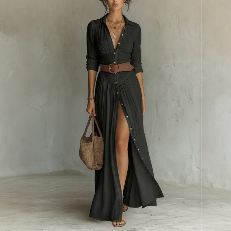Belted V Neck Maxi Shirt Dress with Front Slit