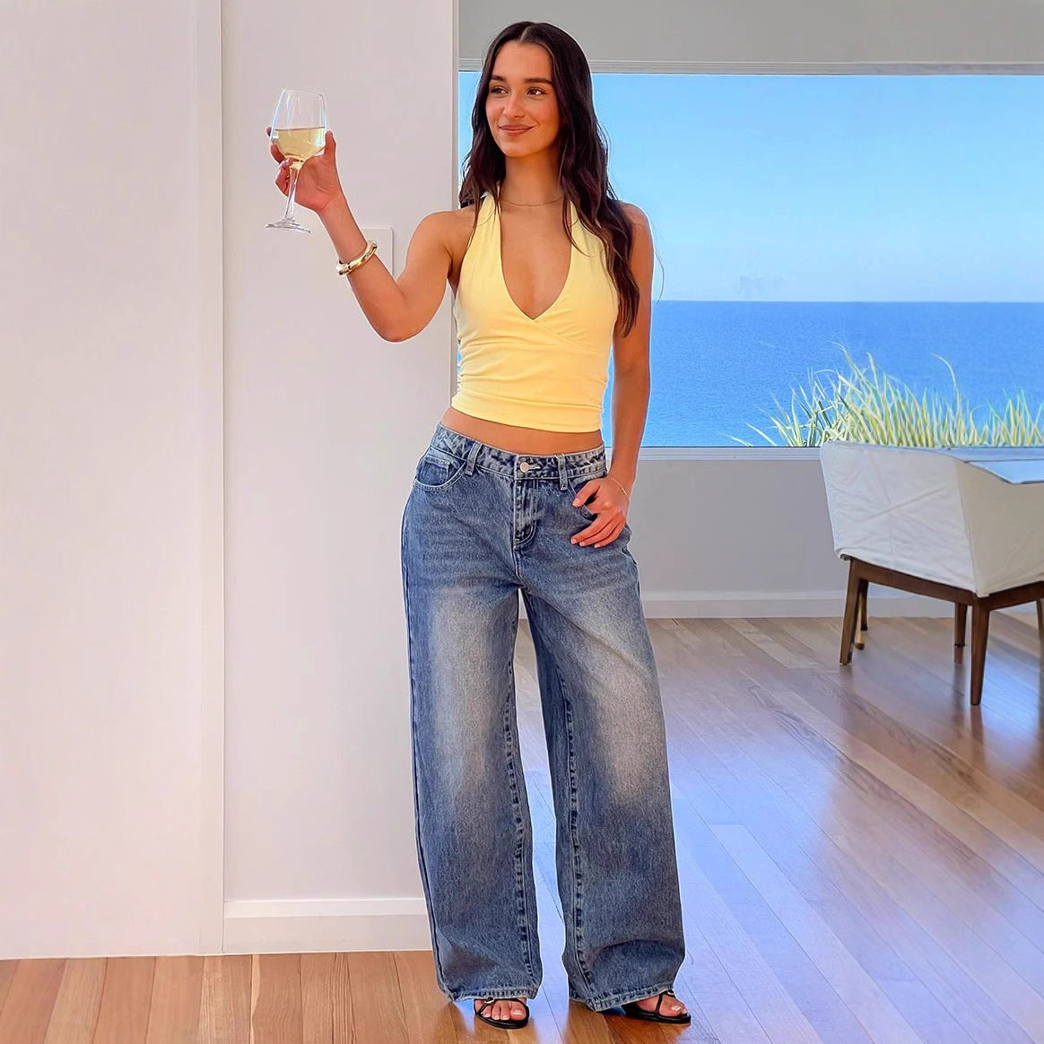 Washed Denim Jeans Vintage Mid Rise Baggy Wide Leg