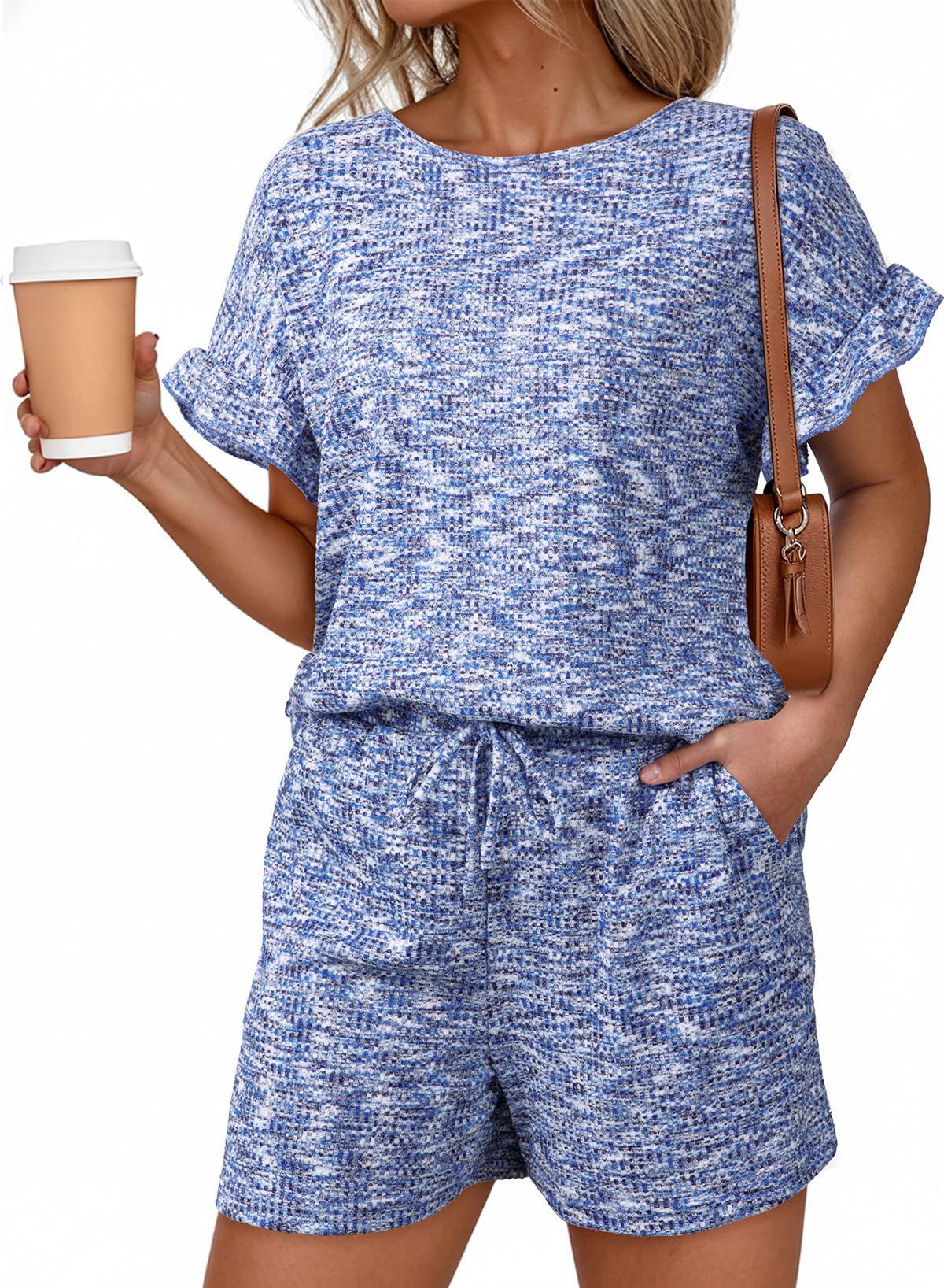 Textured Knit Lounge Set Ruffle Sleeve Drawstring Shorts