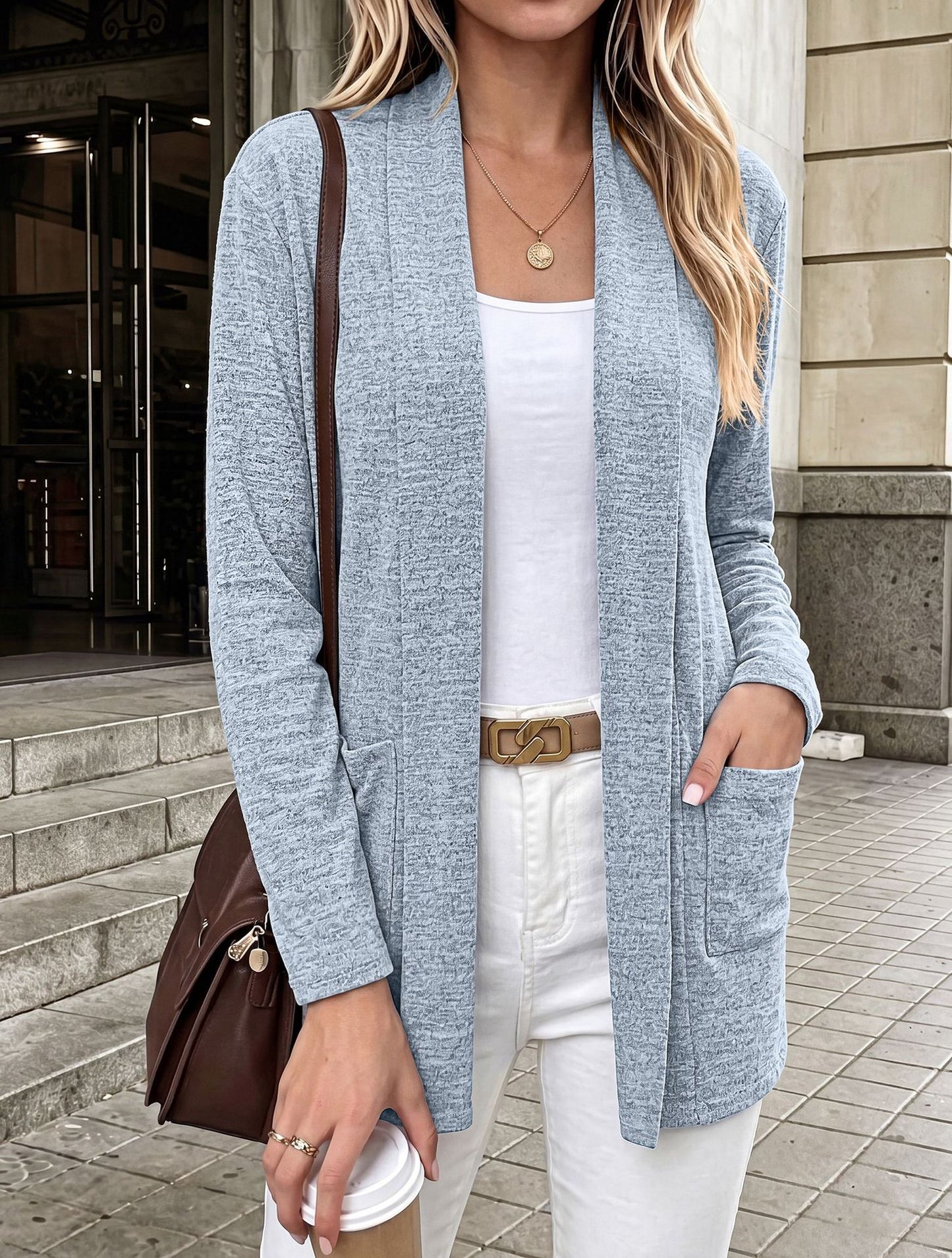 Open Front Pocket Long Sleeve Cardigan