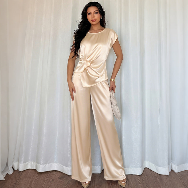 Satin Twist Front Top and Wide Leg Pants Set