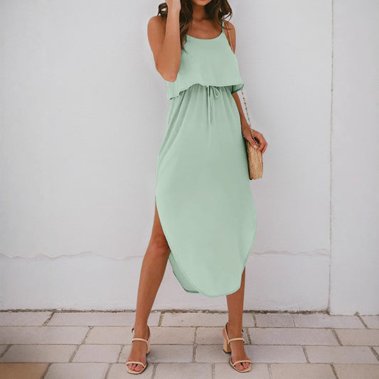 Sleeveless High Waist Midi Dress with Asymmetrical Hem