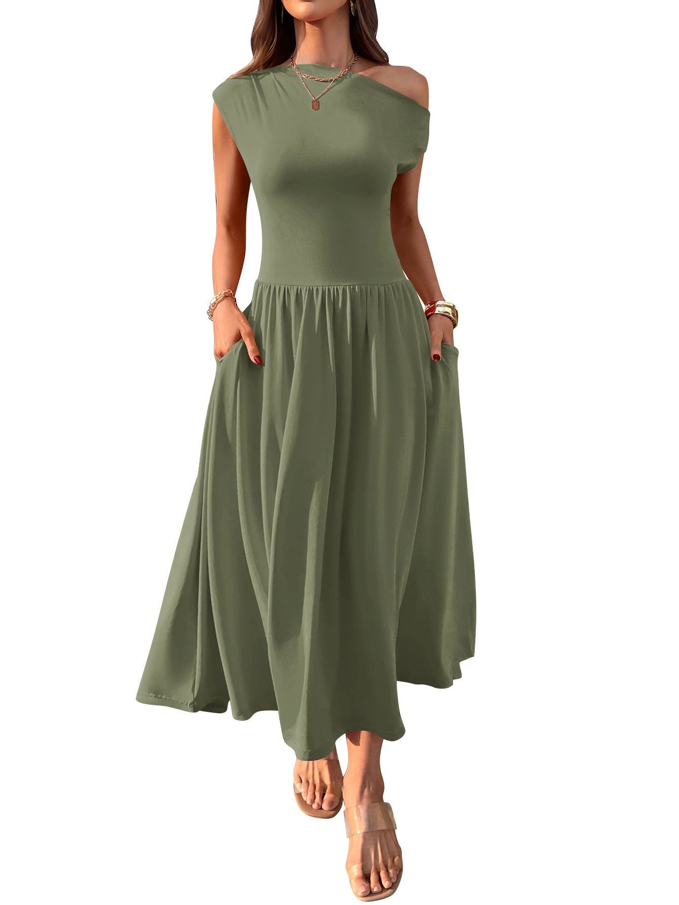 One Shoulder Maxi Dress with Pockets Pleated Skirt
