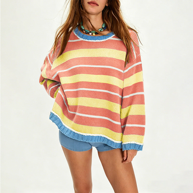 Women's Oversized Striped Crew Neck Knit Sweater