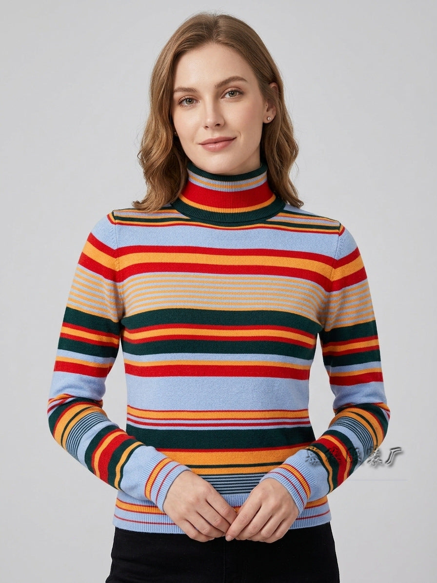Women's Color Block Striped Turtleneck Knit Sweater