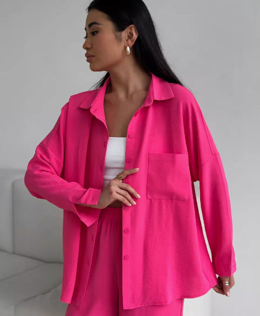 Two Piece Pants Set with Button-Down Shirt & Wide-Leg Pants