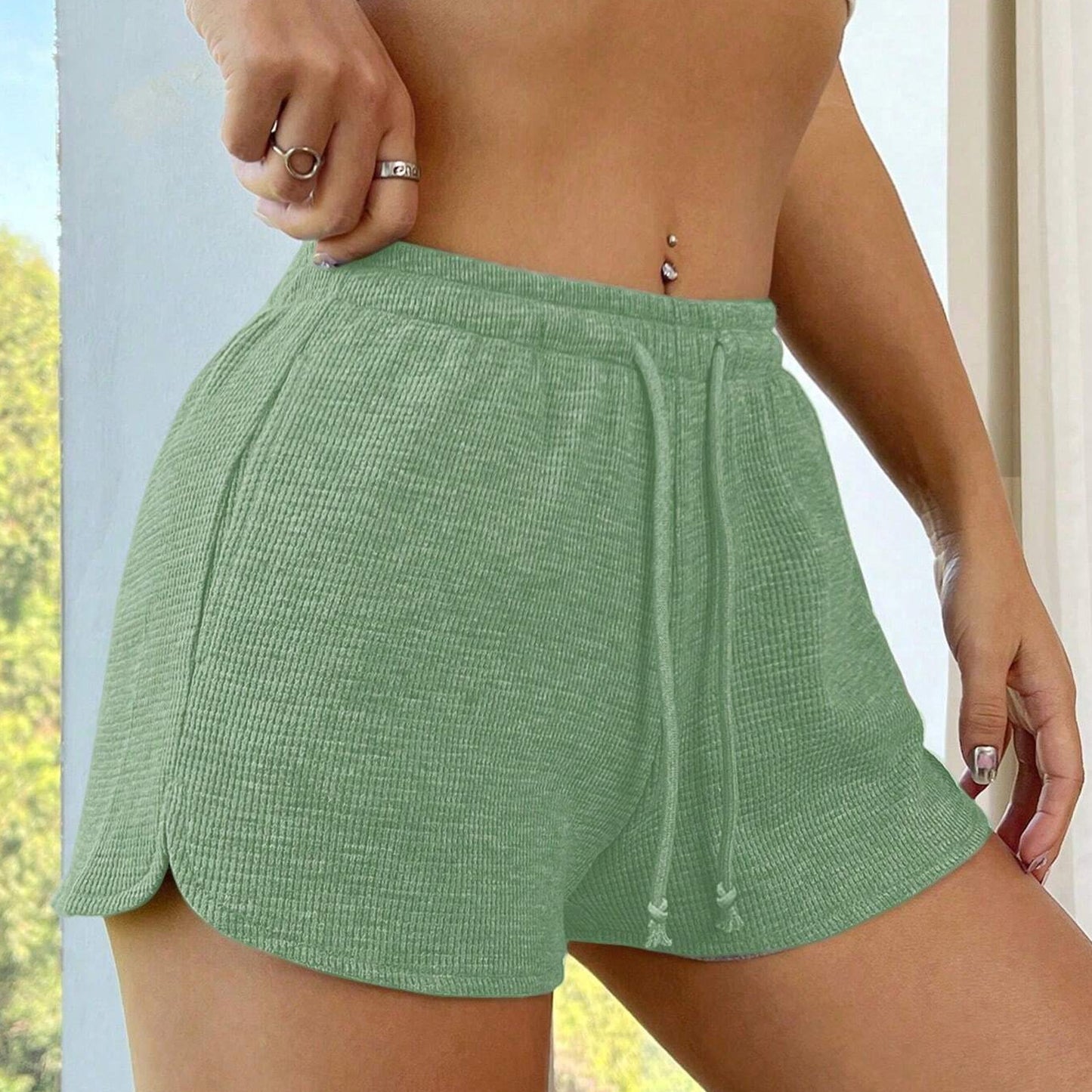 Textured  Shorts Lounge Drawstring Elastic Waist