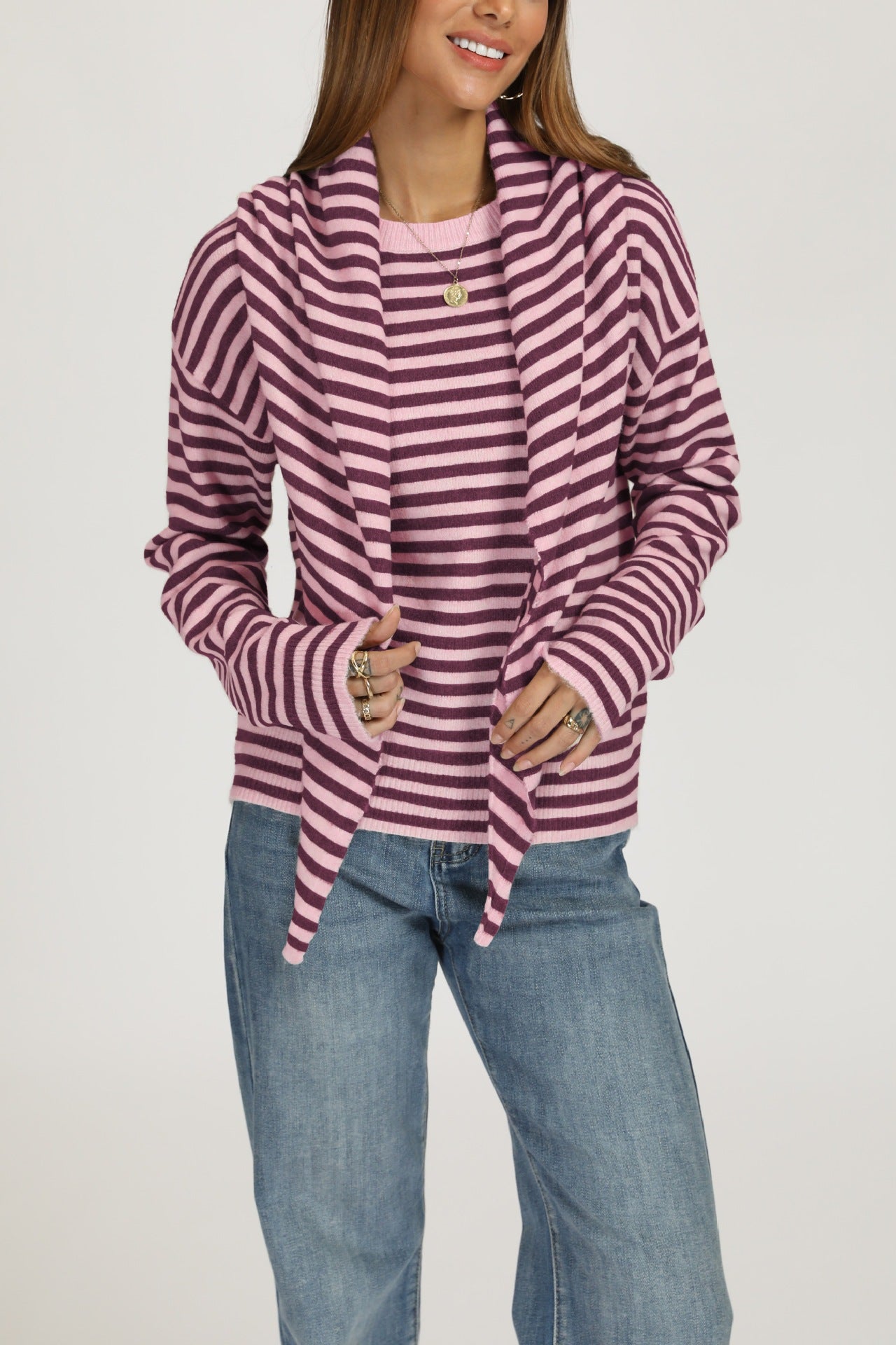 Striped Knit Sweater Shawl Detail Oversized Casual Pullover