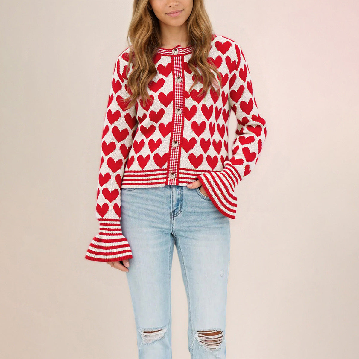 Women's Heart Print Bell Sleeve Knit Cardigan Sweater