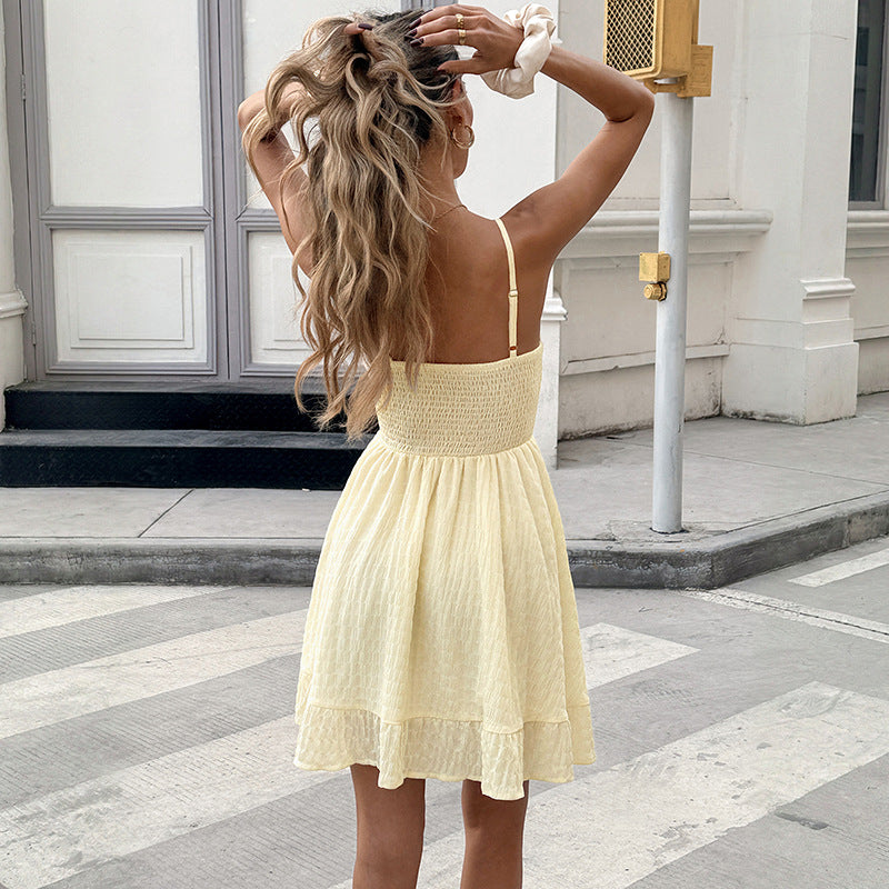 Solid Textured Mini Dress Resort Smocked A Line