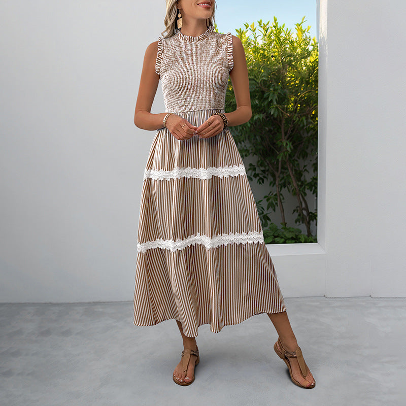 Striped Lace Trim Sleeveless Midi Dress for Summer