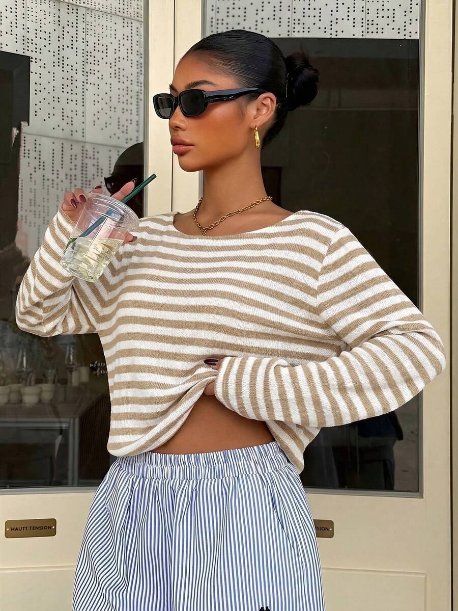 Striped Off Shoulder Long Sleeve Knit Top