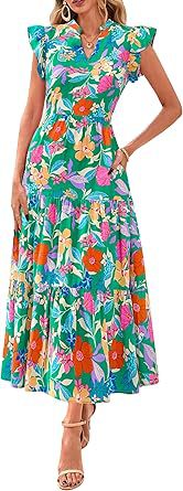 Floral V Neck Flutter Sleeve A Line Midi Dress