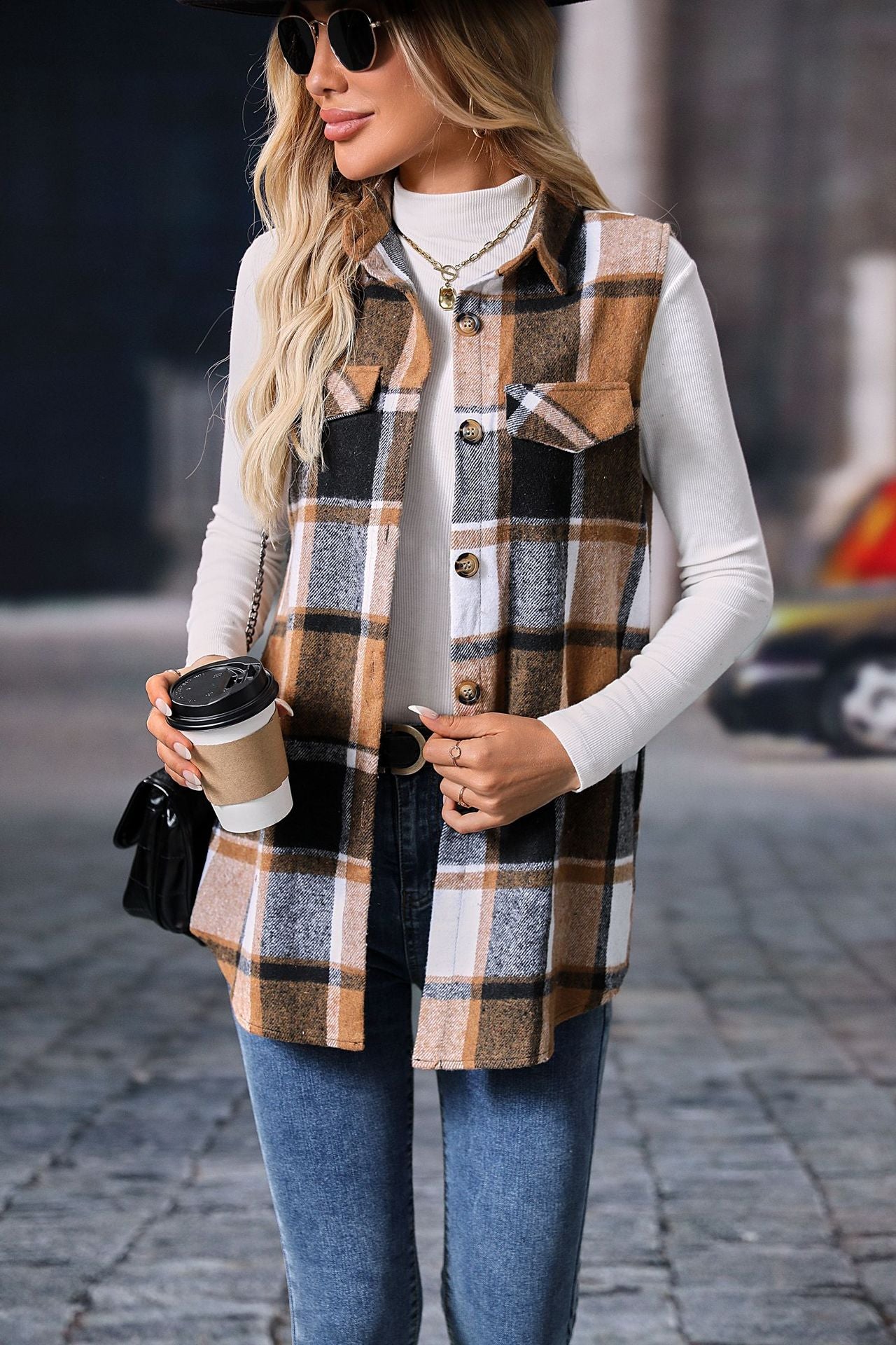 Plaid Shacket Vest with Pockets, Sleeveless Oversized