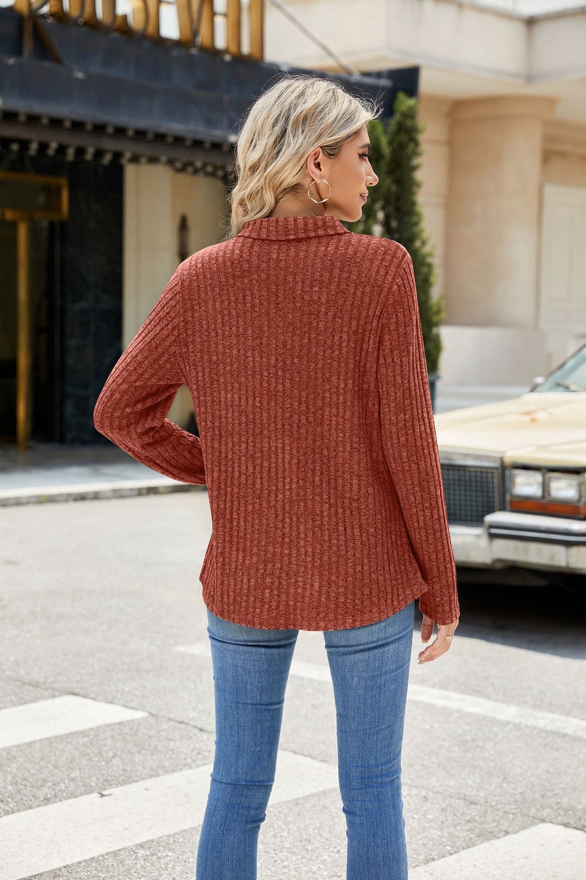 Women's Ribbed Knit Collared Pocket Long Sleeve Top