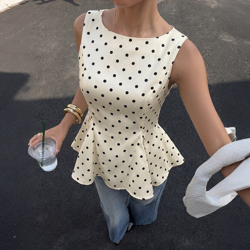 Polka Dot Woven Top Vintage Peplum Sleeveless