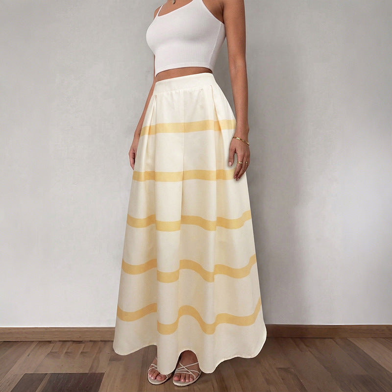Women High Waist Stripe Pleated Maxi Skirt