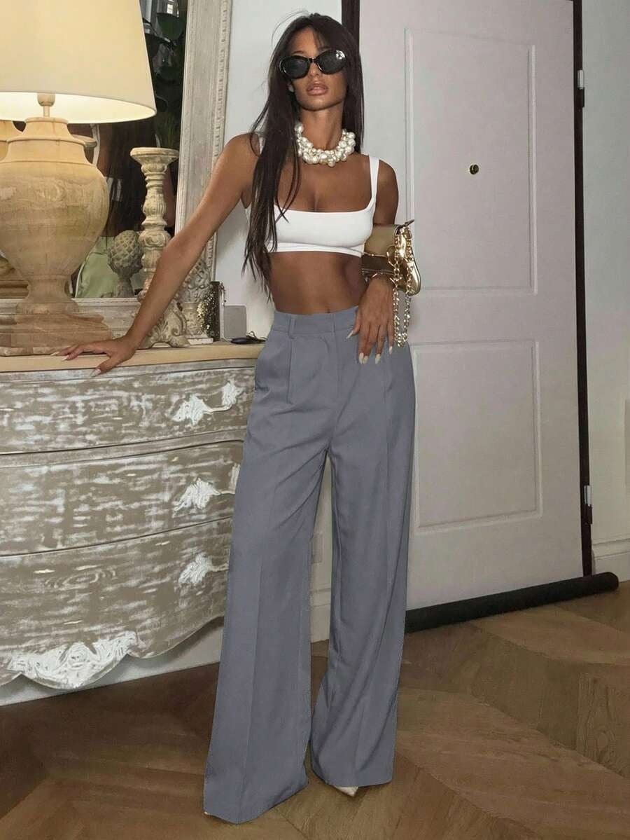 Solid High Waisted Wide Leg Dress Pants Business Work Trousers