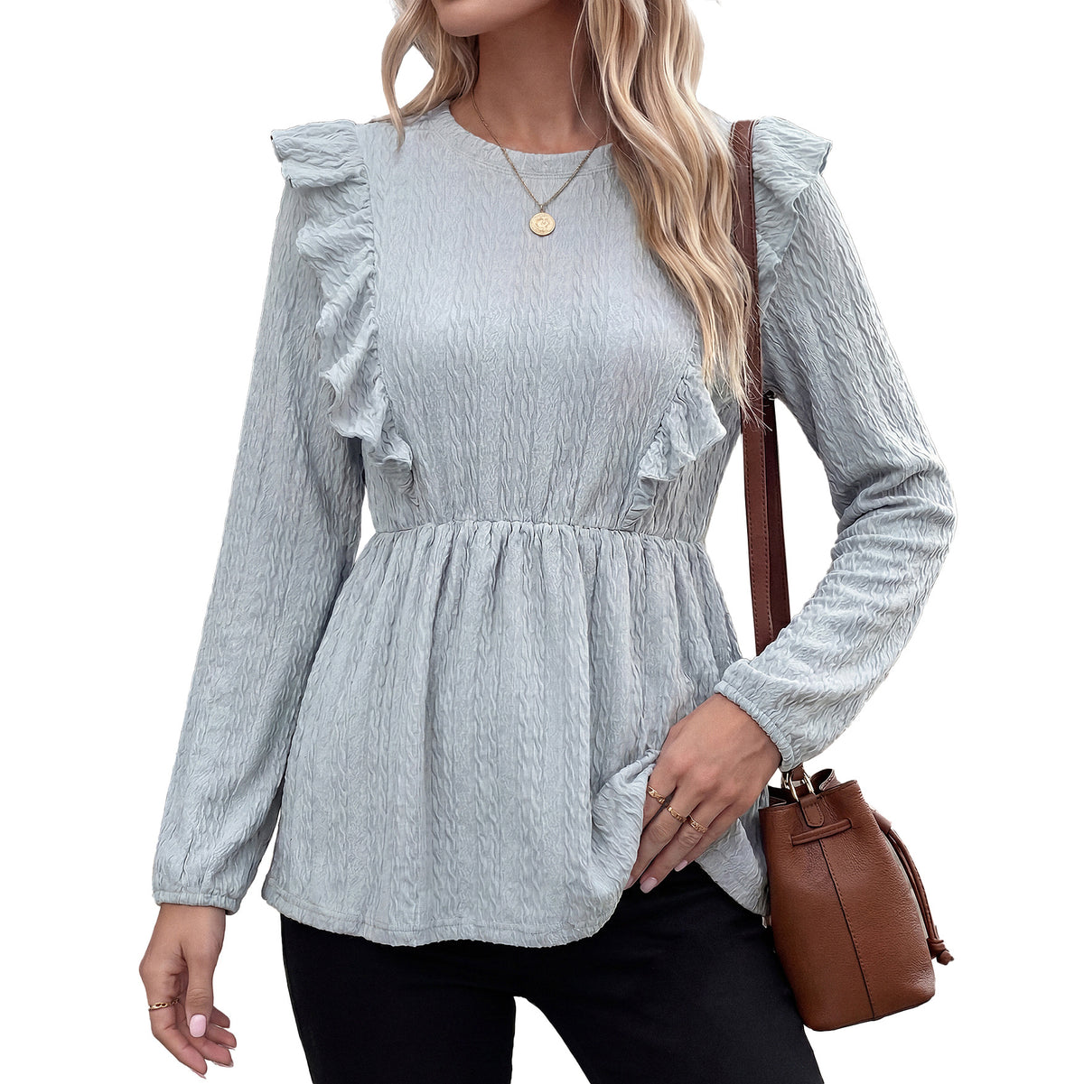 Women's Ruffle Peplum Long Sleeve Blouse Top