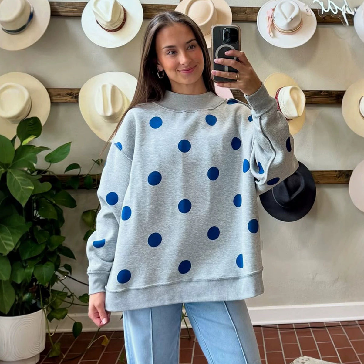 Womens Polka Dot Fleece Mock Neck Sweatshirt
