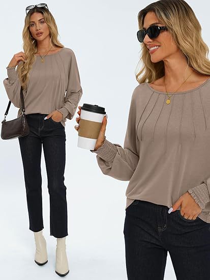 Women's Pleated Crew Neck Lantern Sleeve Oversized Pullover
