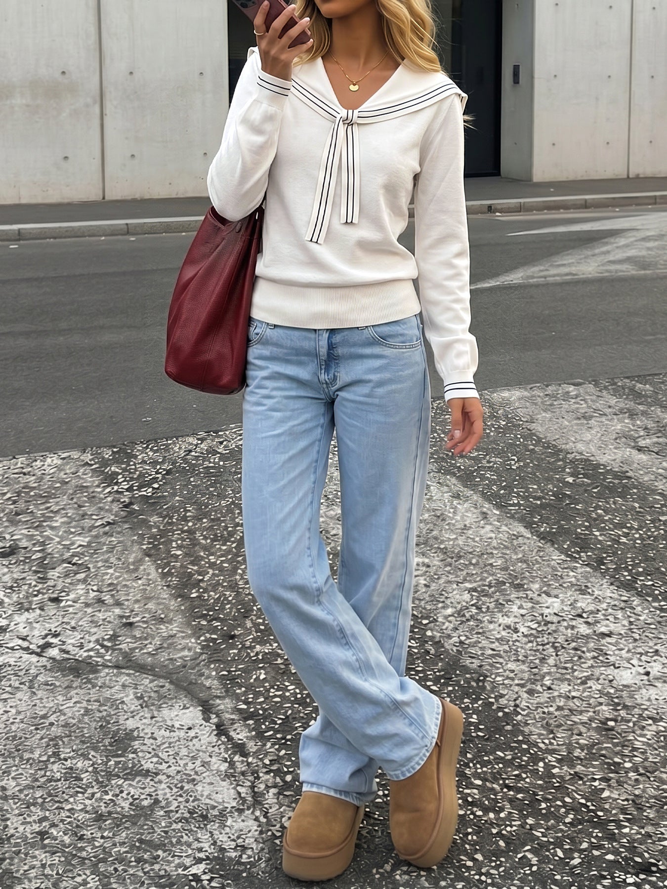 Colorblock Knit Sweater Sailor Collar Long Sleeve Top