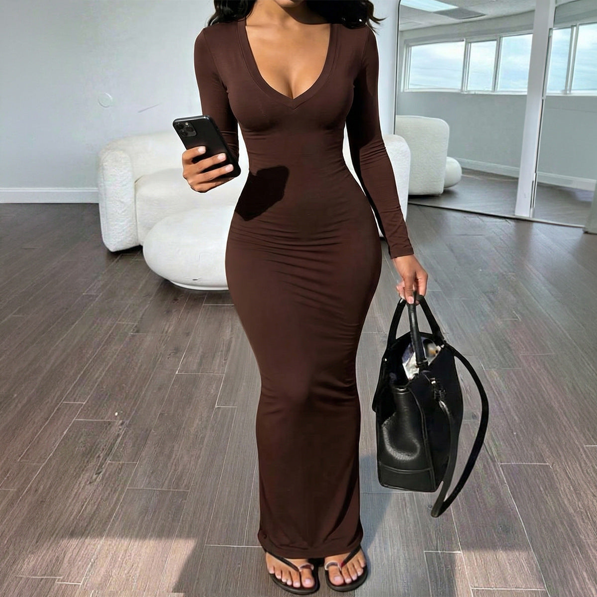 Women's Sexy Deep V Long Sleeve Bodycon Maxi Dress