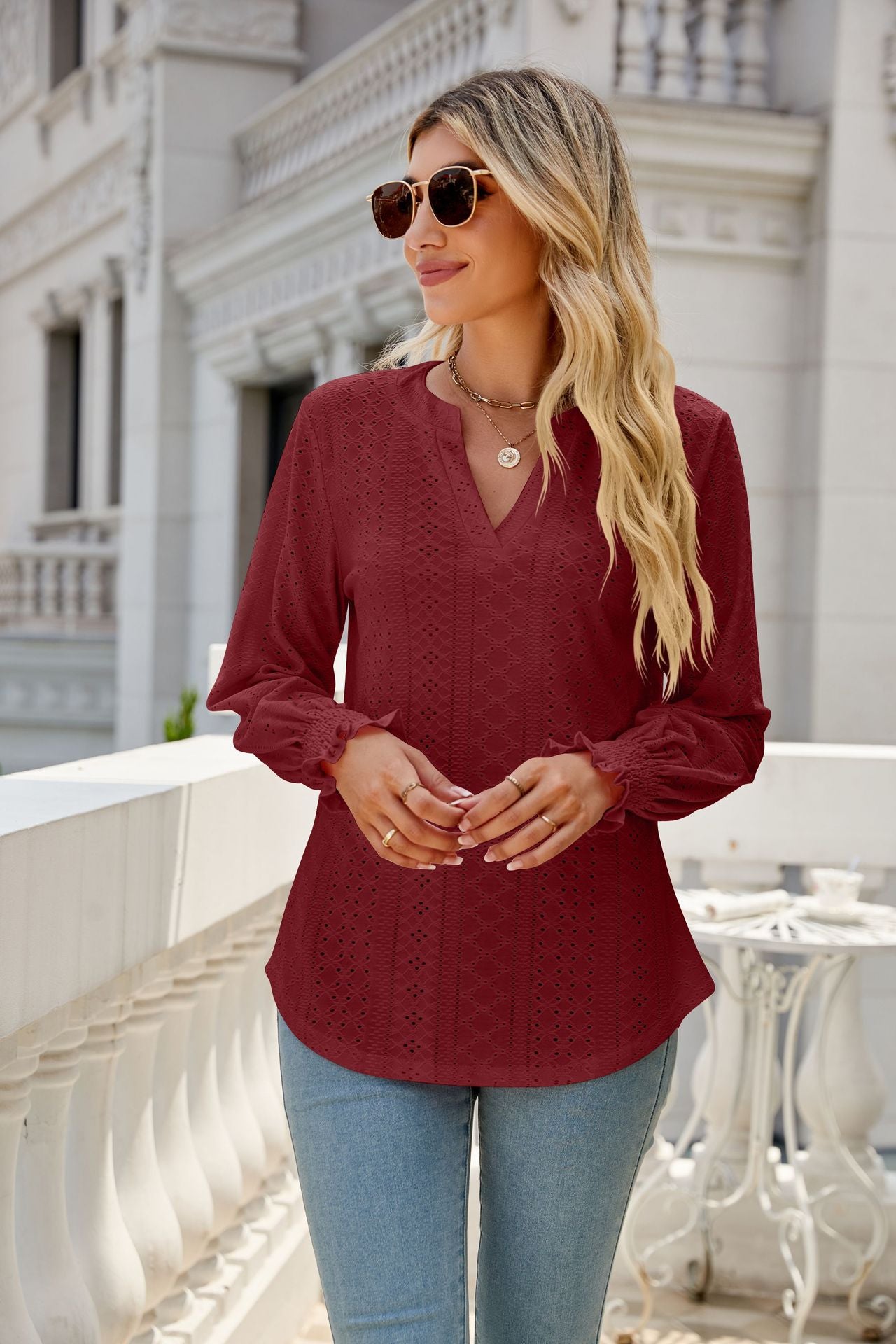 Eyelet V Neck Ruffle Sleeve Casual Long Sleeve Blouse