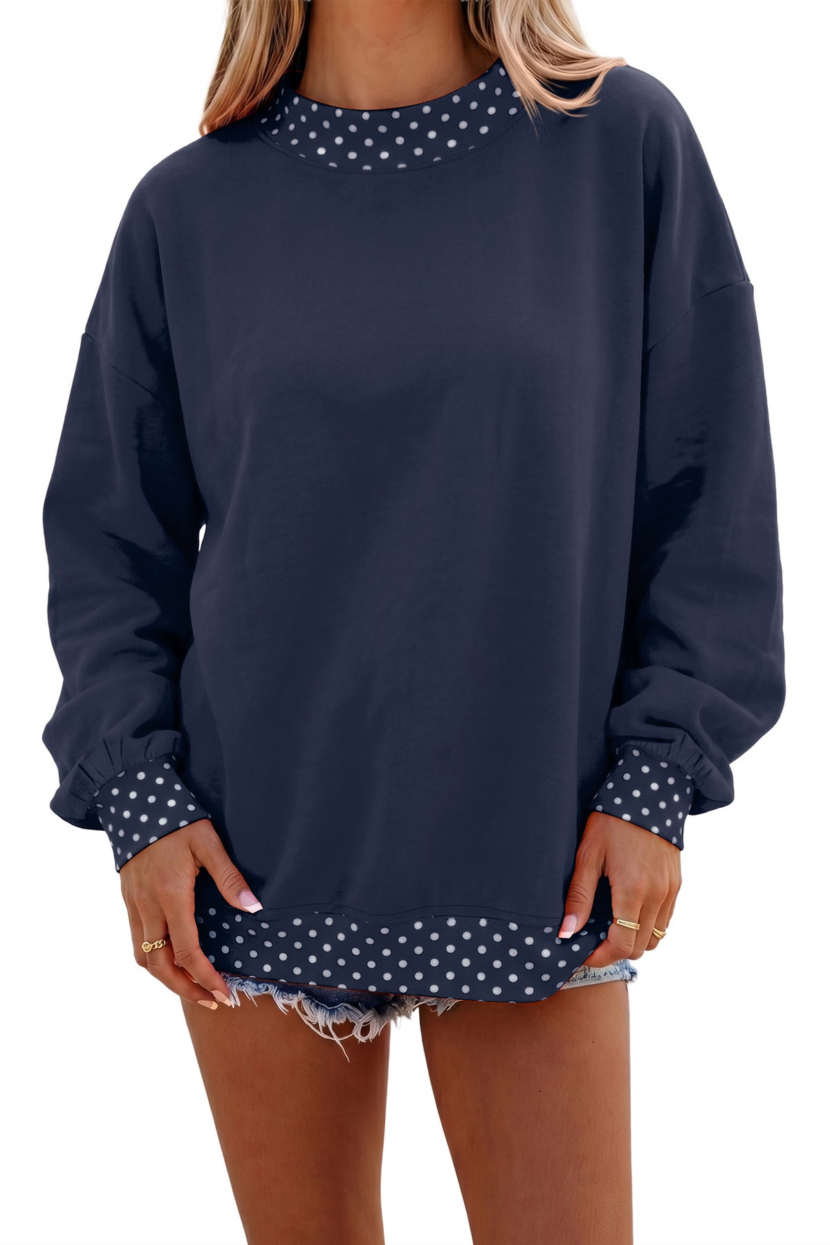 Women's Oversized Fleece Polka Dot Trim Sweatshirt