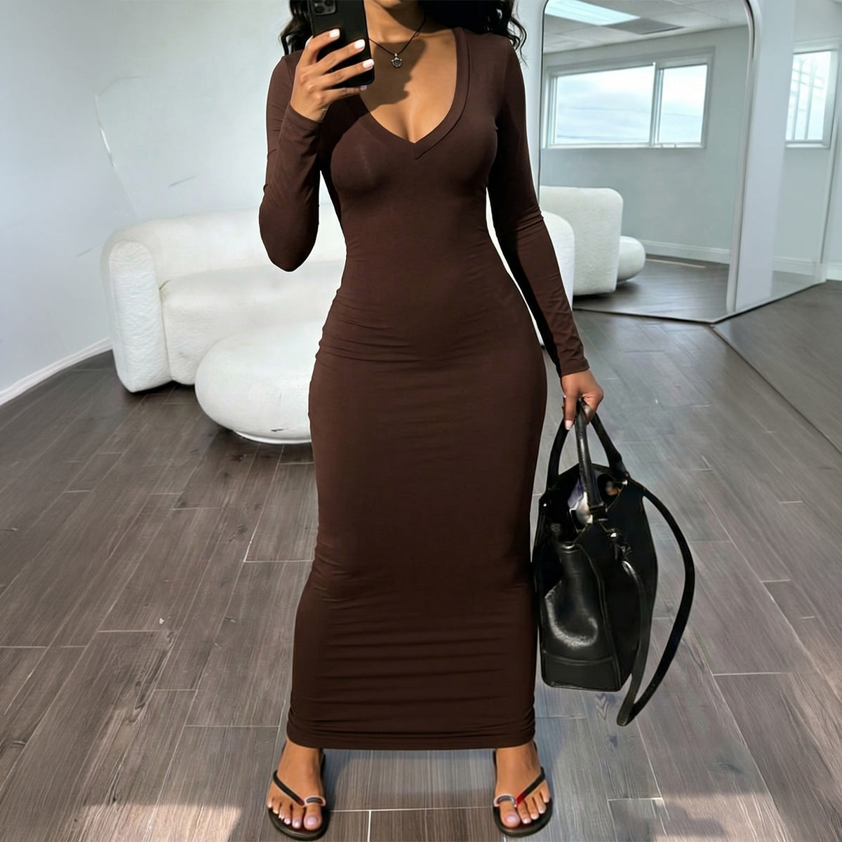 Women's Sexy Deep V Long Sleeve Bodycon Maxi Dress