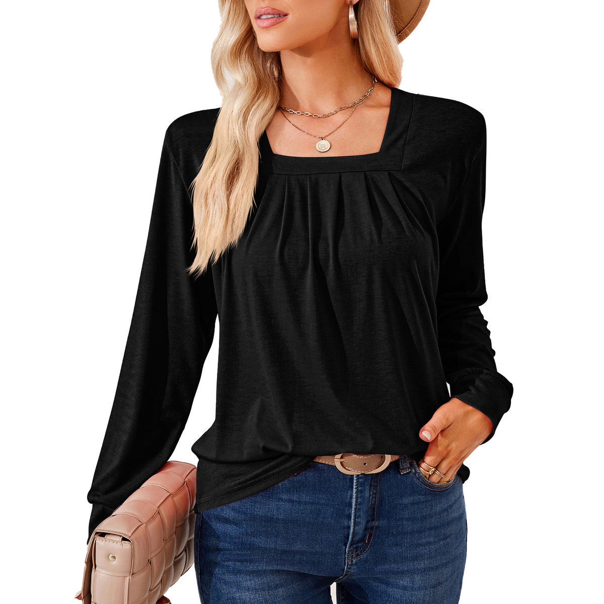 Women's Square Neck Pleated Long Sleeve Tunic Top