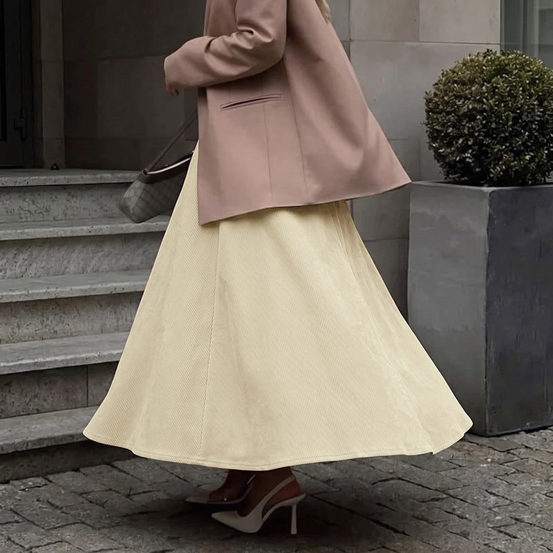 Women's Corduroy High Waist Pleated Midi A-Line Skirt