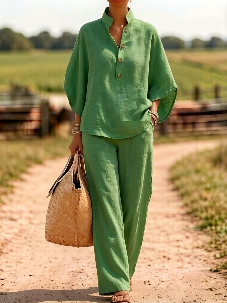 Solid Linen Blend Button Top Wide Leg Pant Set
